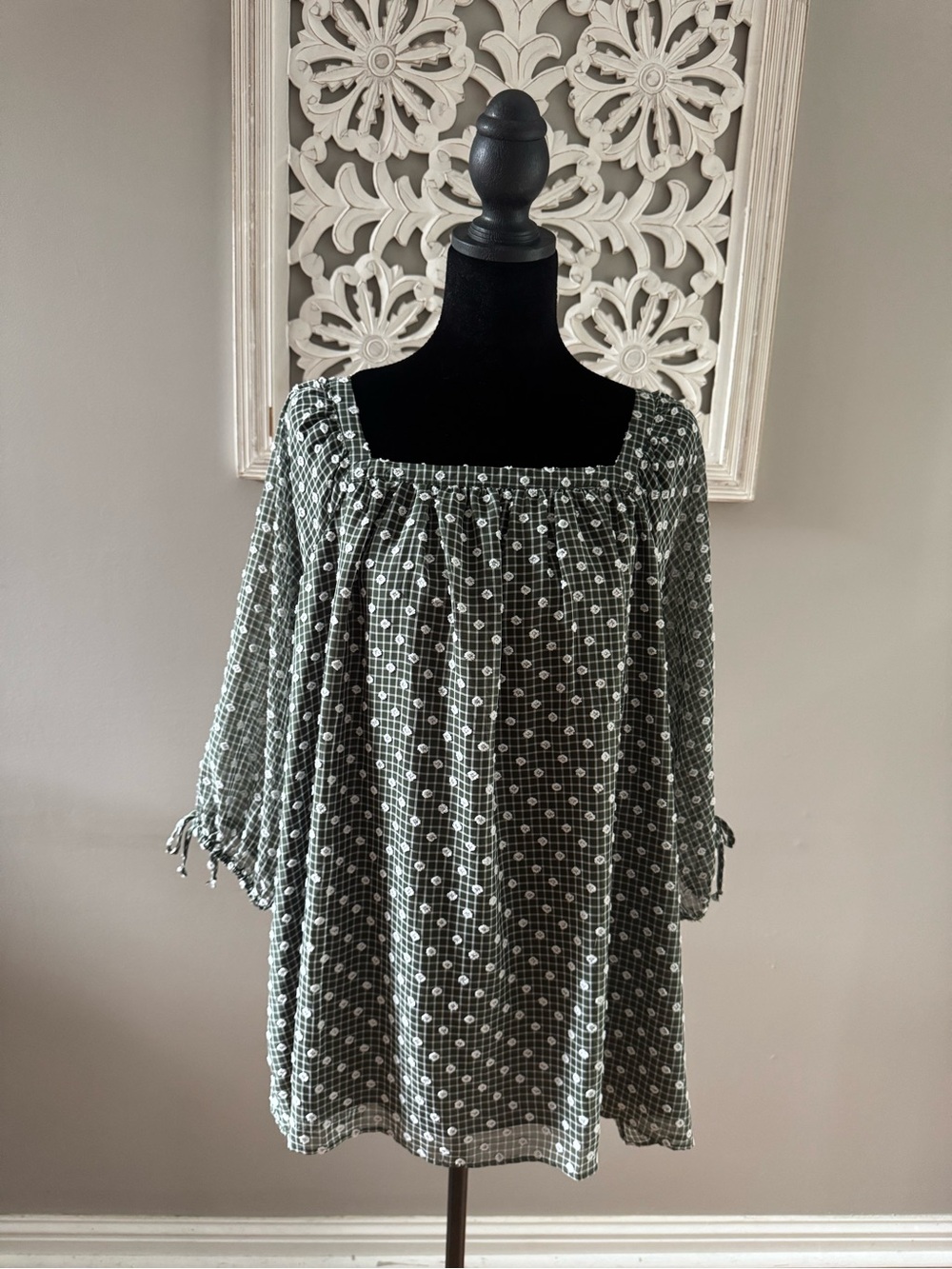 Martha Stewart Olive Green Smocked Square-Neck Long Sleeve Blouse
